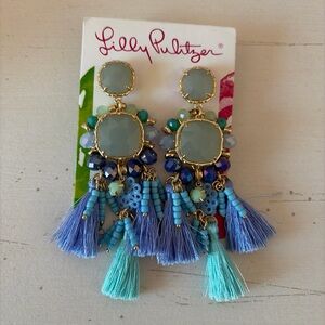 New Lilly Pulitzer Waterside Tassel Statement Earrings in Multicolor Blue Hues